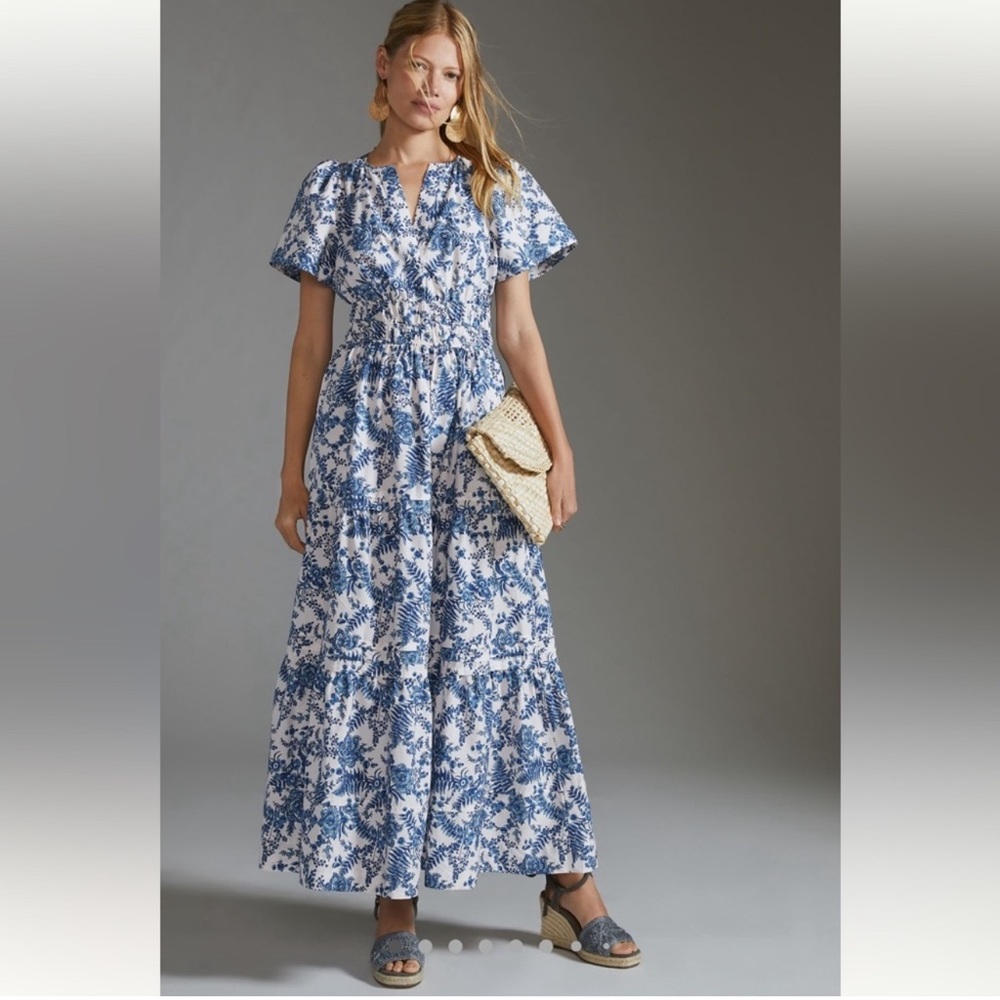 Anthropologie Maeve Somerset Maxi Dress Blue White Floral Small
